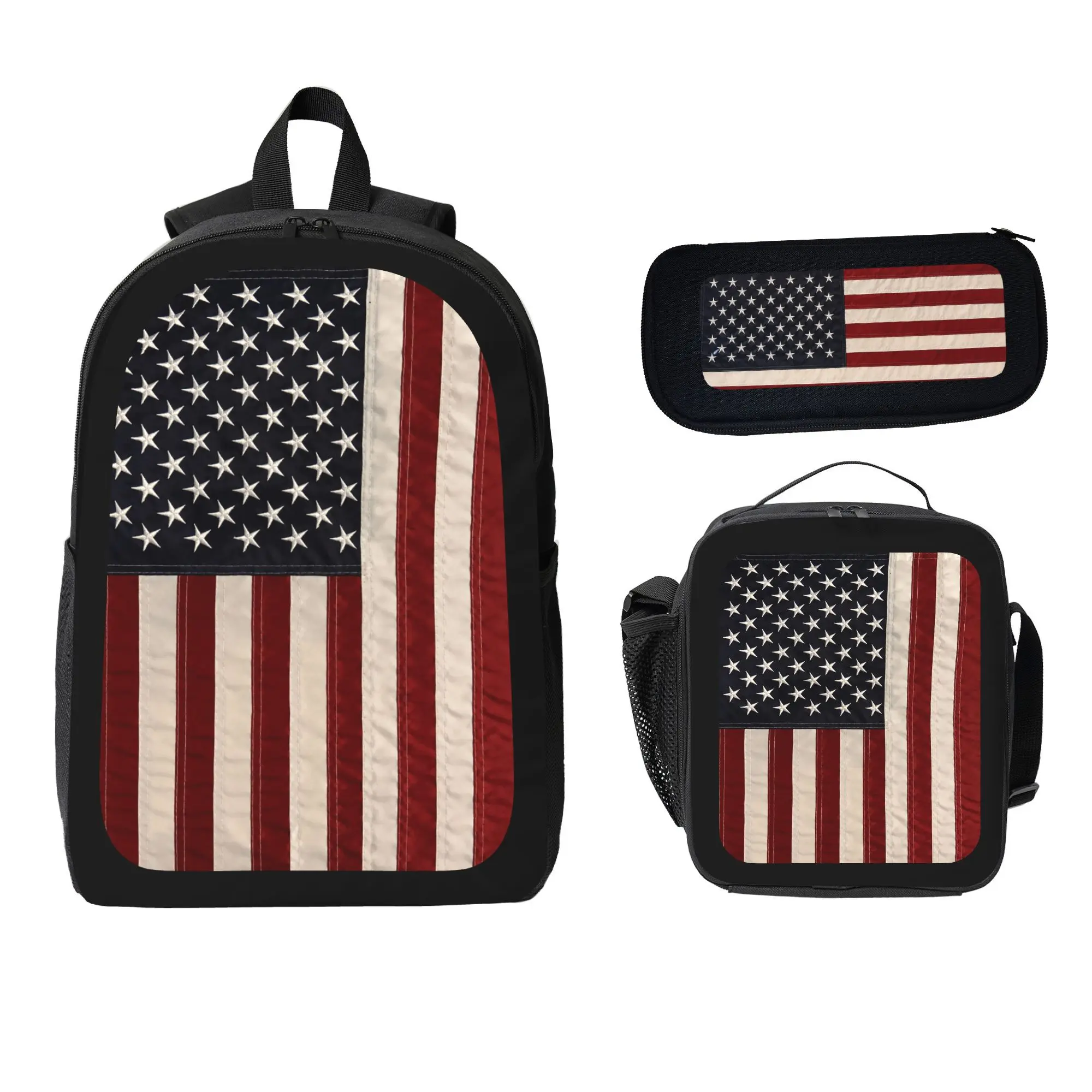 3Pcs Vintage American Flag Backpack Set for Kids, Patriotic USA Stars Stripes School Backpack with Lunch Box Pencil Case, Unisex Classic Bookbag for Back to School Boys Girls