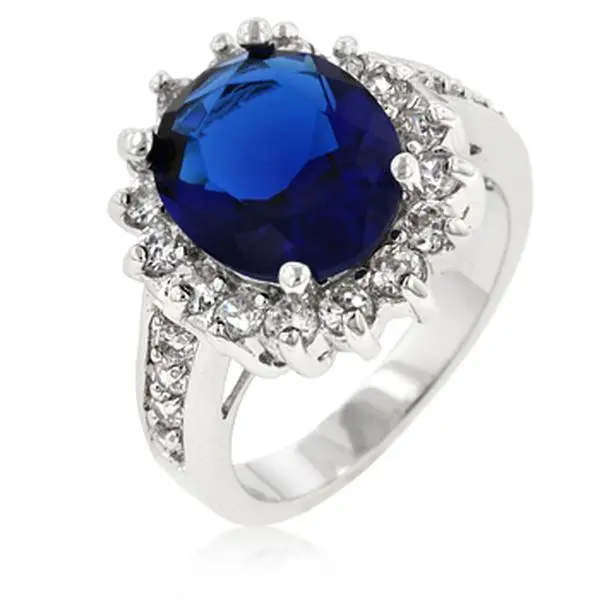 Oval Sapphire Crystal and Round CZ Trimmed Ring in Rhodium with Pave Shoulders - Size 10
