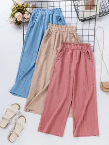 Big Girls 3-Pack Wide Leg Pants (8-12Y), Elastic High Waist with Ruffle Trim Pockets, Crinkle Textured Loose Trousers in Blue/Beige/Pink, Breathable Summer Pants for Preteen Girls