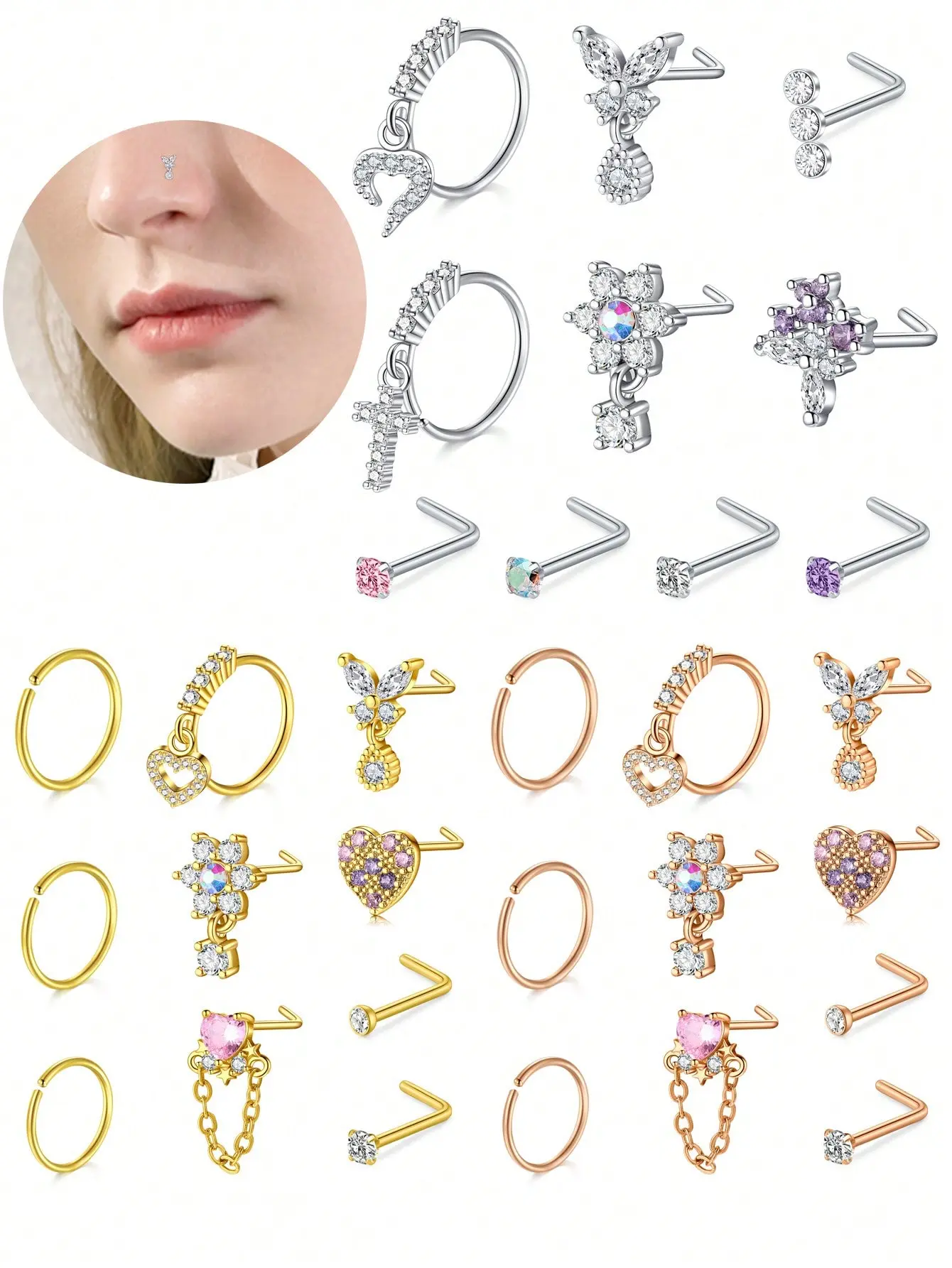 18G Nose Rings Hoop Studs Set for Women Men, 316L Stainless Steel