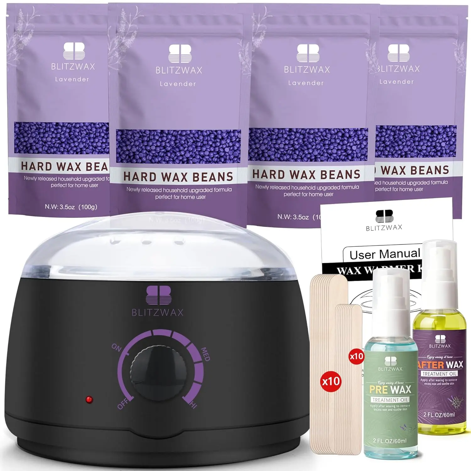 BLITZWAX Women's Brazilian & Bikini Hard Wax Warmer Kit, At-Home Hair Removal Kit for Face, Legs, Body, Beginner-Friendly, Quick-Heating, 28 Accessories