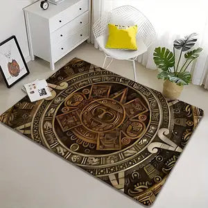 Vintage Mayan Totem Rug, Boho Area Rug, Mystery Civilization Style Living Room Carpet, Antique Copper Color Base, High Elastic Velvet Anti-Slip
