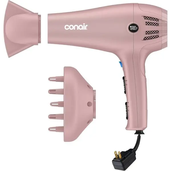 Conair Hair Dryer with Diffuser & Concentrator, 1875W, Matte Light Pink | Blow dryer with ionic tourmaline technology, 3 heat settings, and 2 speed options to efficiently style all hair types