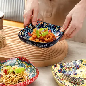 Bohemian Style Ceramic Soup Bowls Set, dinnerware sets, durable kitchenware, 3pcs Rectangular Small Dishes Tableware for Cereal Pasta Snacks Salad Dinner, Dishwasher Microwave Safe