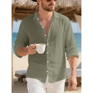 Men's Loose-Fit Linen Shirt, Casual Long Sleeve Button-Down Top, Breathable Woven Fabric, Spring & Fall Fashion, Ideal for Beach Vacation