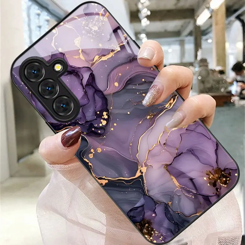 Purple Flower Golden Edge Print Drop-Proof Tempered Glass Cellphone Casing Cover for Samsung S26,S25,S24,S23,S22 Pro,S21,S20 FE Plus Ultra Pro,A56,A55,A54,A53,A52,A51,A36,A35,A34,A32,A26,A25,A24,A23,A16,A15,A14,A06,A05,A03s Devices, Smartphone Accessories