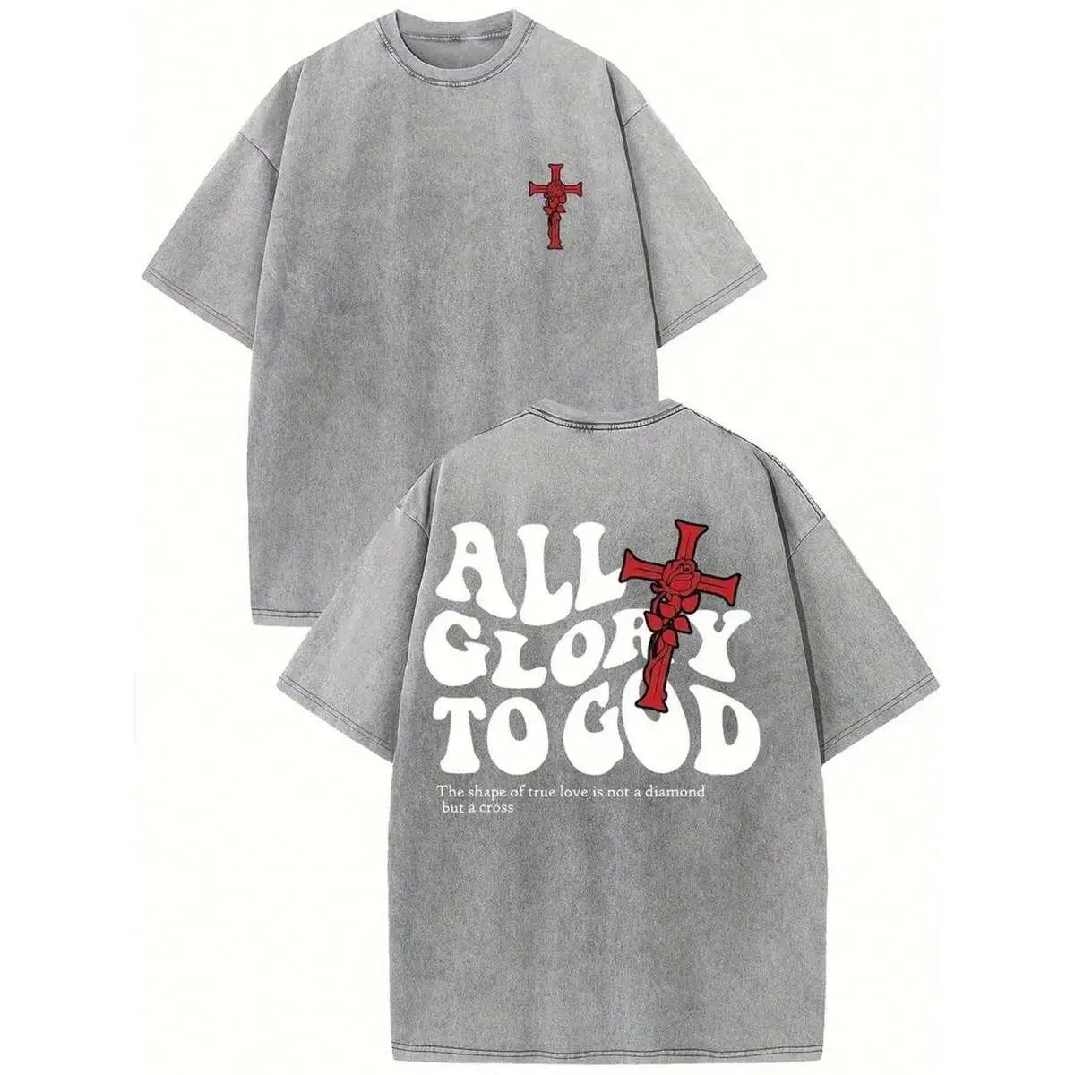 Men's 230G Heavy Cotton T-Shirt, Double-Sided Washed Vintage Street Style With "Glory Be To God" Cross Print, Black With White And Red Lettering, Regular Fit Round Neck Casual Top For All Seasons