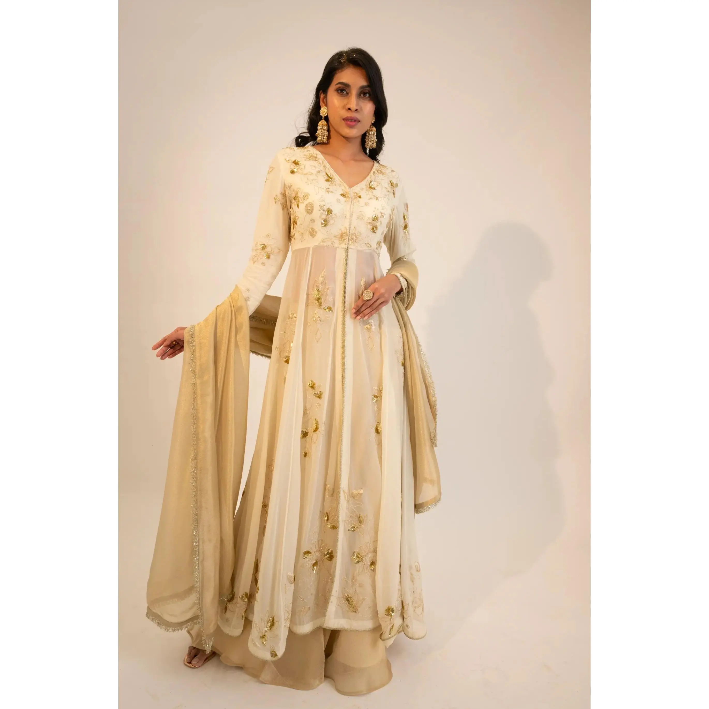 Ivory embroidered open anarkali paired with lehenga & dupatta