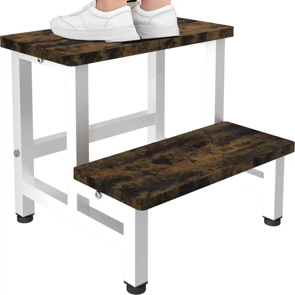 Wooden 2 Step Stool for   and Adults, Heavy Duty Stepping Stools with 500 LB Load Capacity, Foot Step Stool for Bed, Living Room, Bathroom, Kitchen - Rustic Brown & White
