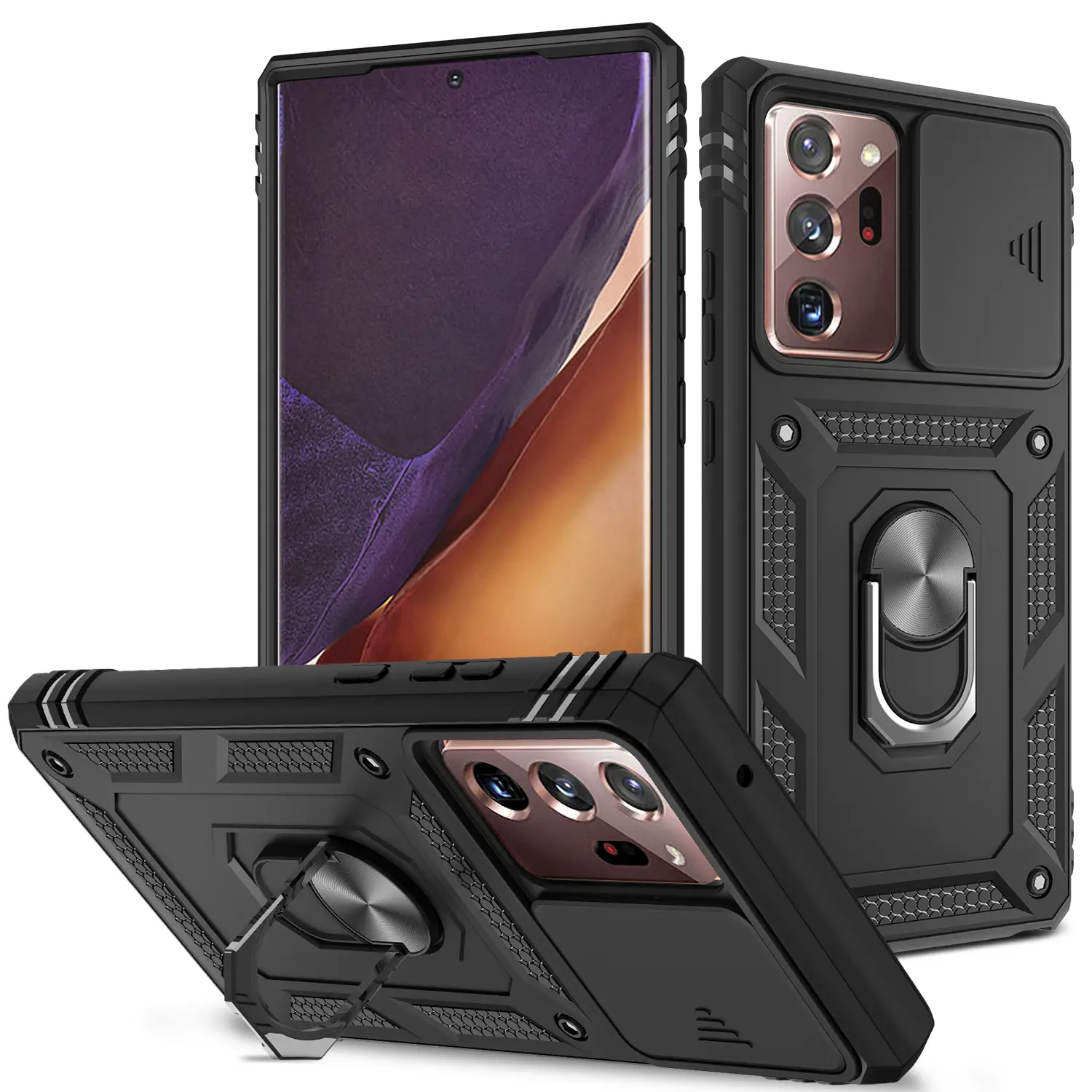 Samsung Galaxy Note 20 Ultra Plastic Protective Case - 2-in-1 Heavy-Duty Back Cover, Slide Camera Privacy Lens Protector Camshield, Handheld Finger Ring Stand Accessory, With Stand