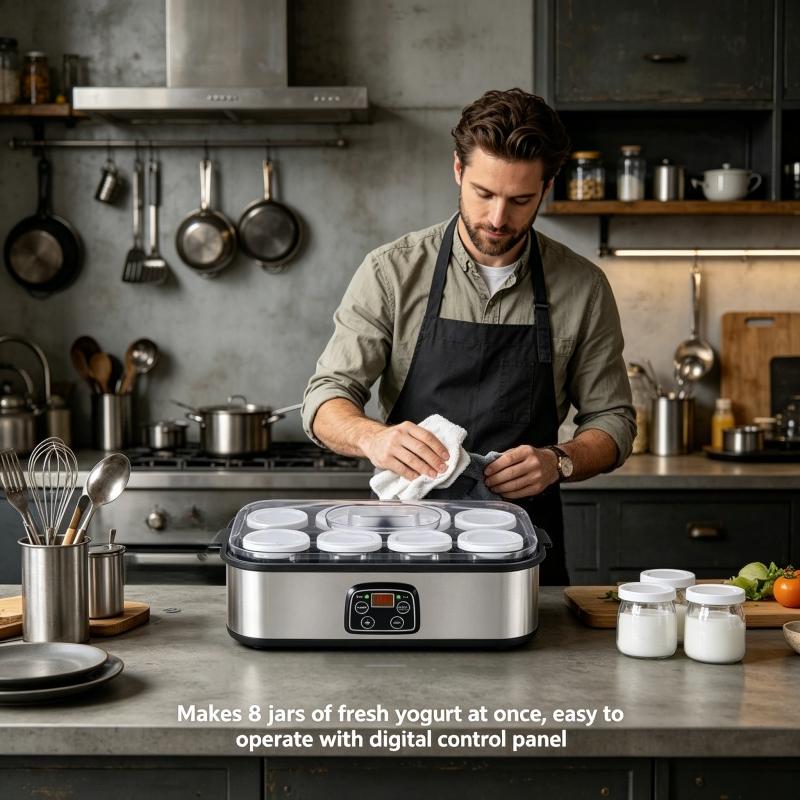 Fully automatic yogurt machine with adjustable temperature and 48 hour time control for fresh homemade yogurt desserts, 8 cans, LED display screen, multifunctional electric yogurt machine