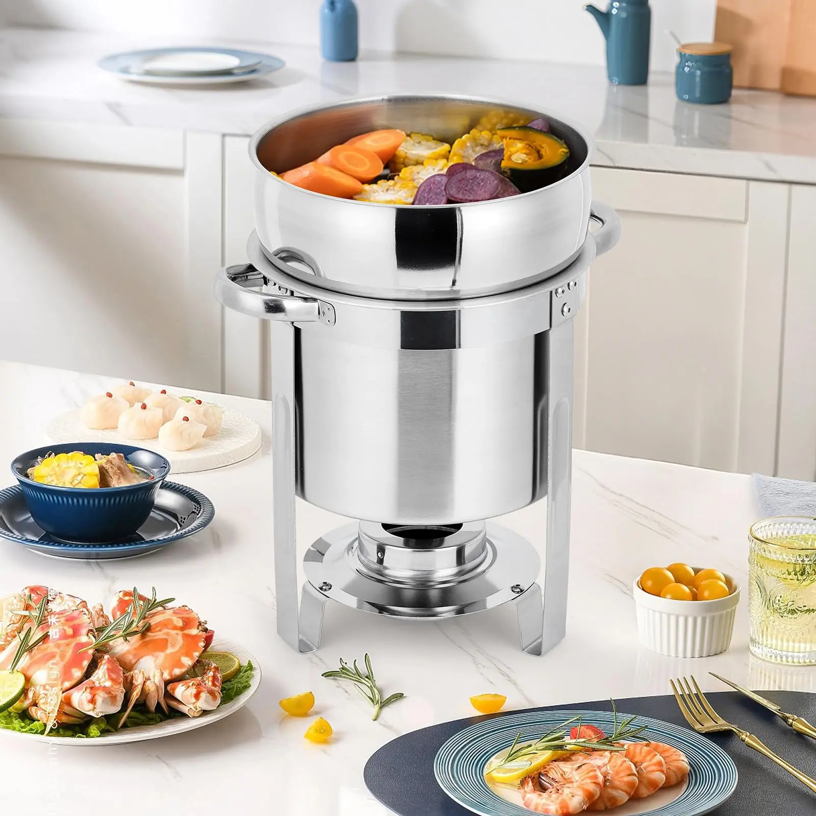 Commercial 11QT Stainless Steel Round Soup Chafer Cookware Set - Stainless Steel Base, 2-Piece Buffet Food Warmer with Heat-Retention Pot, Notched Lids, Fuel Holders for Weddings, Banquets