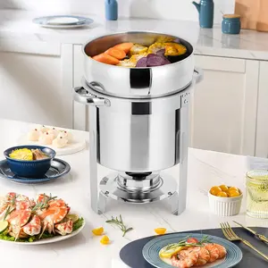 11QT Soup Chafer Set of 2, Stainless Steel Round Soup Warmer with Pot, Notched Lids & Fuel Holders, Commercial Food Warmer for Buffets, Events