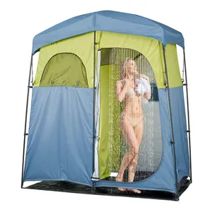 VEVOR Camping Shower Tent, 2-Room Portable Privacy Tent Changing Room with Shower Bag, Ground Stakes, Ropes, Carry Bag, and Support Poles, 150D Oxford Fabric with Silver Coating, for Camping, Fishing