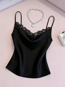 Women's Satin Lace Trim Cami Top, V Neck Fine Strap Silk Slipper Shirt, Comfortable Breathable Fabric, Casual Style