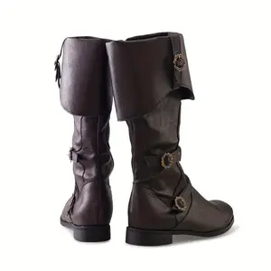 Medieval Renaissance men's role-playing boots - black fake mid calf boots with gold buckle, Halloween casual design, pirate and Viking costumes, role-playing shoes, durable rubber soles