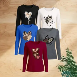 For Youself- 5-Piece Women's Leopard Print Heart Series Long-Sleeve T-Shirt Set Casual Comfortable Crew Neck Shirts Sexy and Cute Clothing for All Seasons Women's Tops Suitable for Outings Fashionable Women's Daily Wear in Multiple Colors