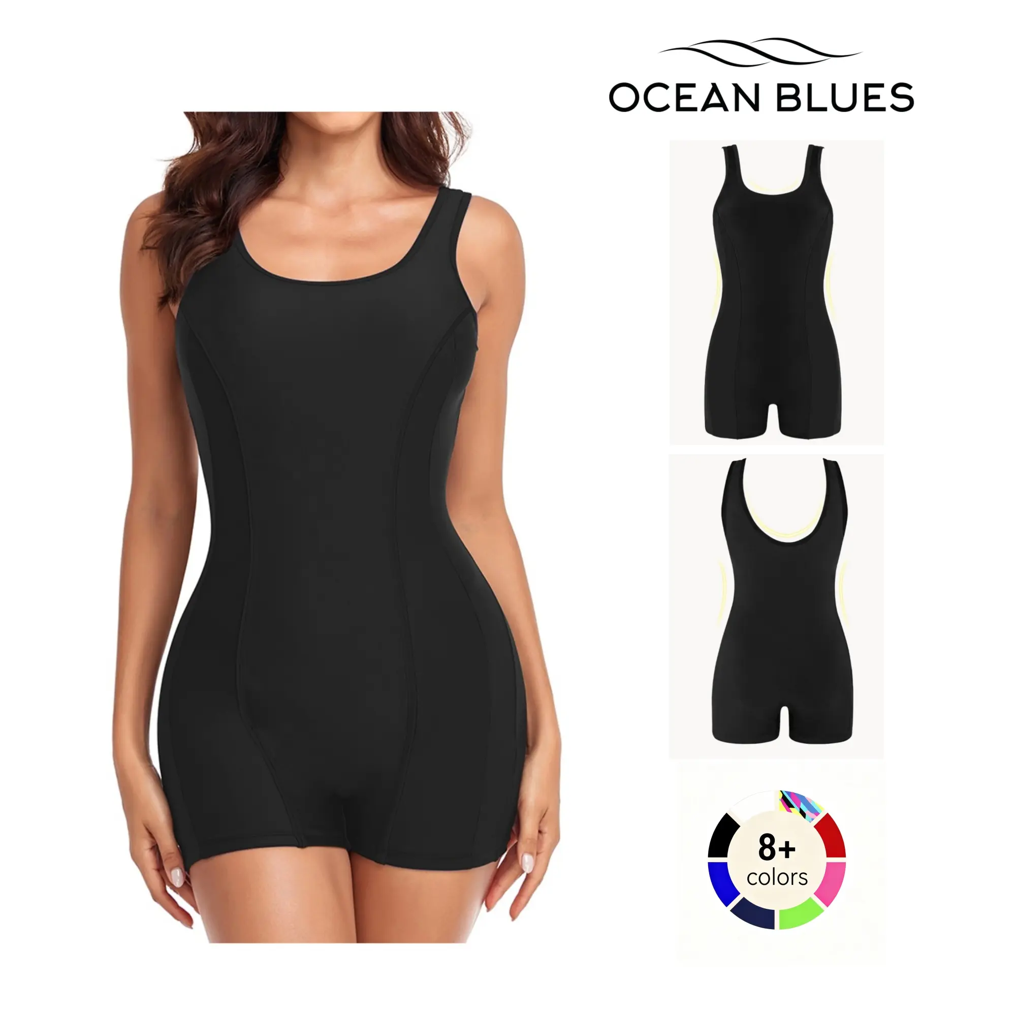 Ocean Blues Women's Boyshorts 1-Piece Swimsuit - Built-in Bra with Removable Pads, Breathable, Contrasting Panels, Full Coverage Modest Athletic Bathing Suit