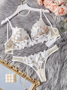 Women's Fantasy Lingerie Set - Deep V Mesh Flower Embroidery, Chic Elegant Lightweight Sheer White Lace Corset, All-Seasons Lace Underwear Set