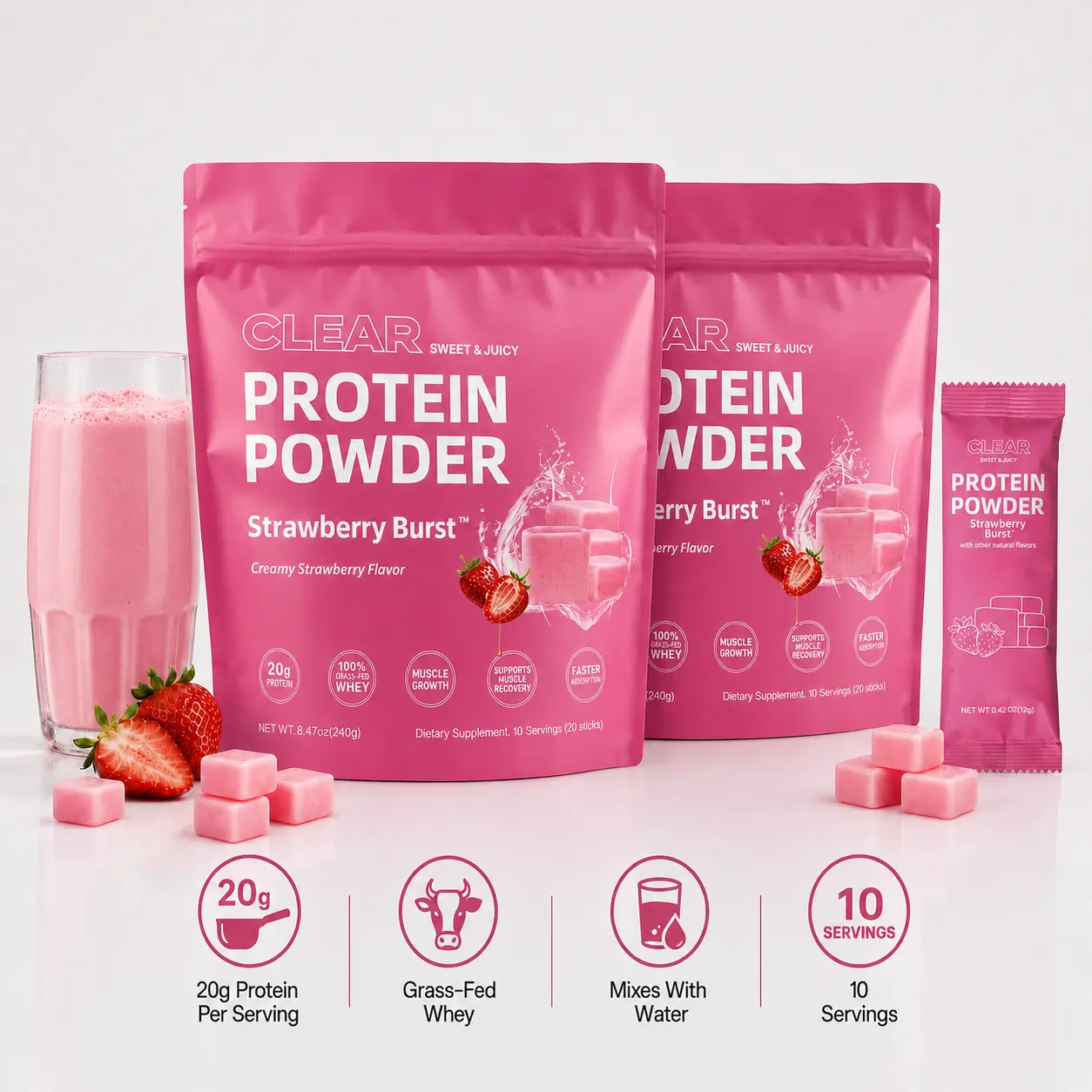 2 Packs of Clear Protein Powder Strawberry Burst, 20g Protein Per Serving, Grass-Fed Whey Isolate Drink Mix, Fast-Absorbing Protein for Muscle Recovery, Light & Refreshing Creamy Strawberry Flavor, 10 Servings