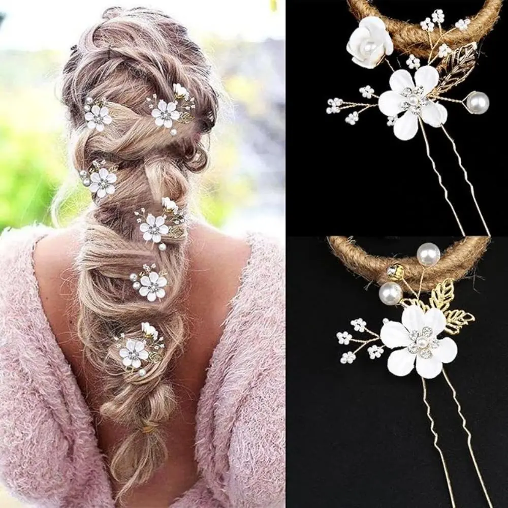 6 PCS Bridal Flower Wedding Hair Pins Crystal Pearl Hair Clips Headpiece Gold Wedding Hair Accessories Jewelry with Rhinestone for Brides Bridesmaids Women Girls Updo (Pure White Flower)