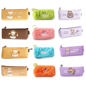 4 Pcs Fluffy & Cartoon Printed Pencil Pouches, Cute Character Stationery Cases, Zippered Organizer Bags for Kids, Boys, Girls and Students