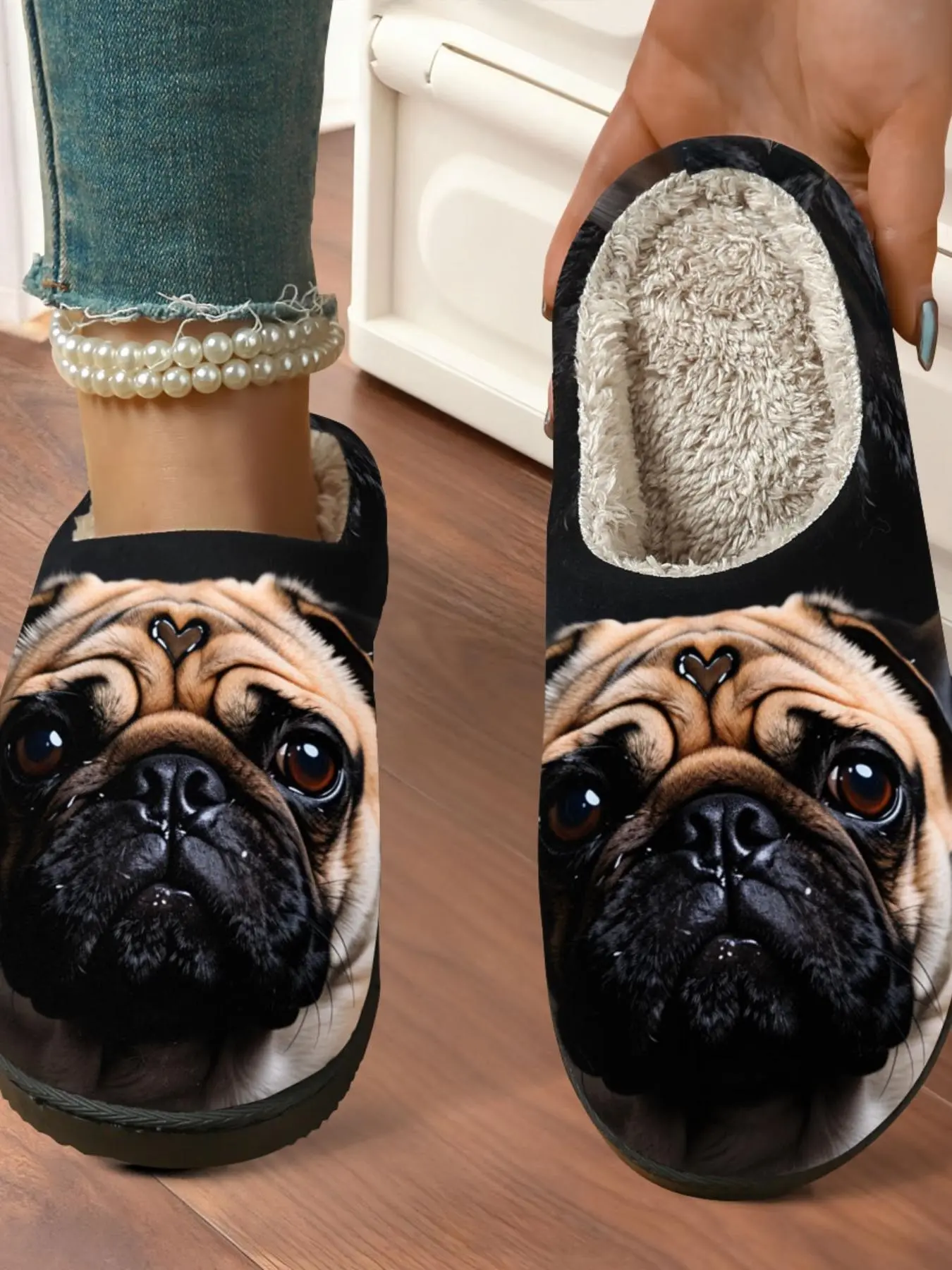 Cute Pug Custom Printed Cotton Slippers, Soft Plush Lined Anti-Slip Thick Sole, Home Warm Shoes for Men and Women Fall Winter