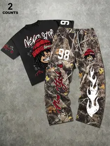Men's Loose Casual Camo Cartoon Portrait Tee Set, Short Sleeve Graphic Drawstring Top, Long Regular Fit Natural Waist Pants Clothes