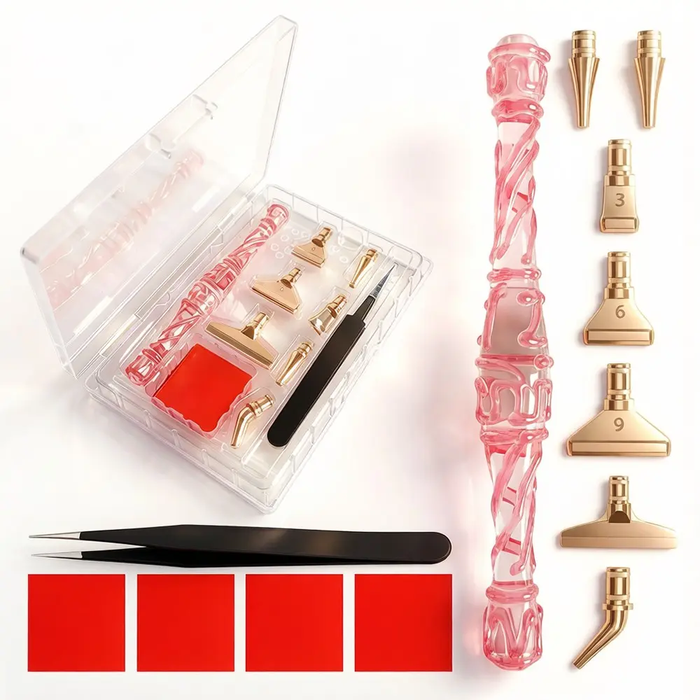 Pink Spiral Crystal Handle Diamond Painting Pen Set, Multi-size Gold Metal Replacement Tips, Anti-static Bent Tweezers, Red Wax, Clear Storage Box, Diamond Painting Tools, DIY Tool Kit for Adult Diamond Art, Cross Stitch Projects