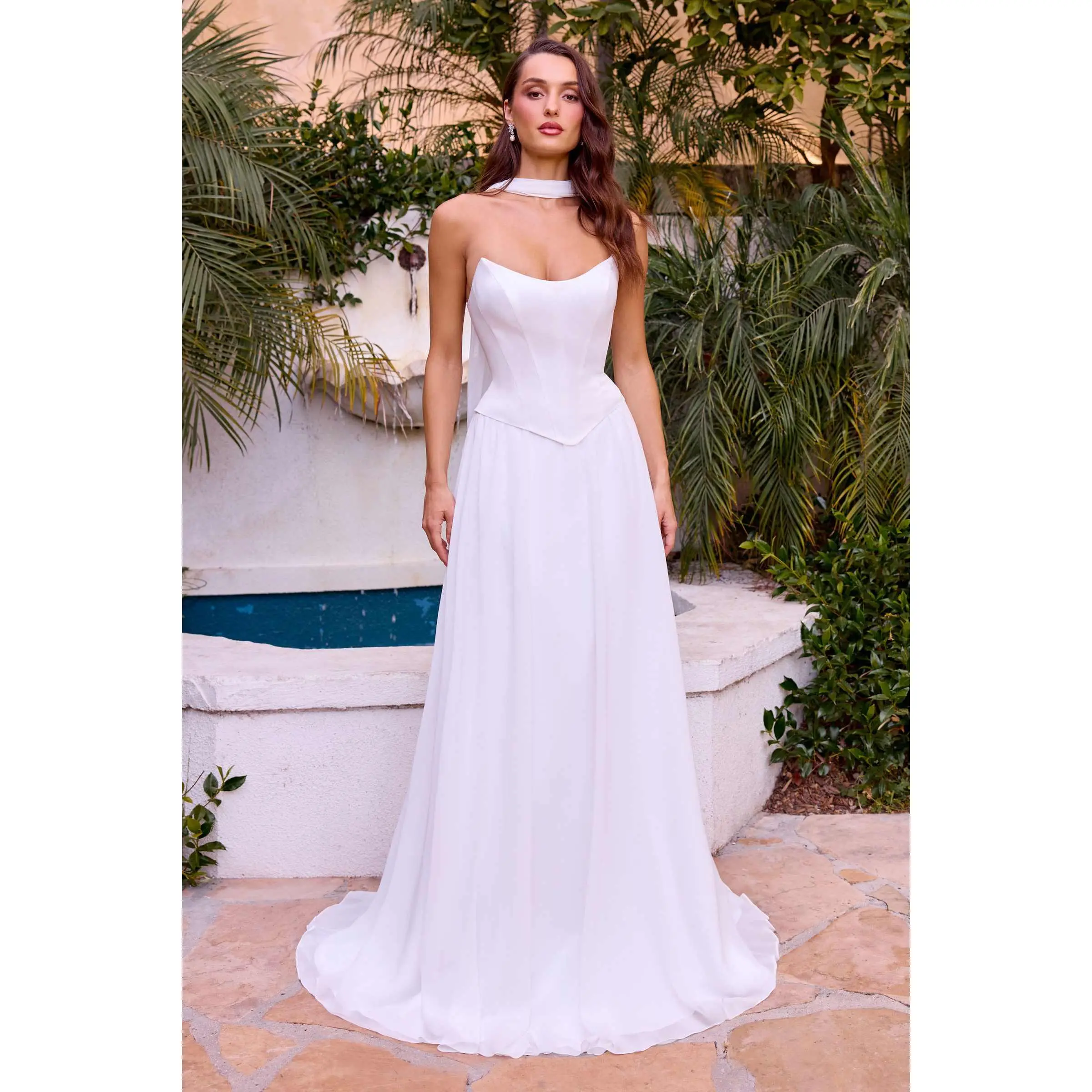 Ladivine Elegant A-Line Bridal Gown, Sleeveless Chiffon Corset Dress with Curved Neckline, Detachable Sheer Scarf & Zip Back for Outdoor Weddings