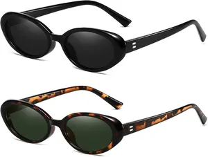 Retro Oval Sunglasses for Women Men Fashion Small Oval 90s Vintage Shades in Black & Tortoiseshell LED Light Blocking Stickers