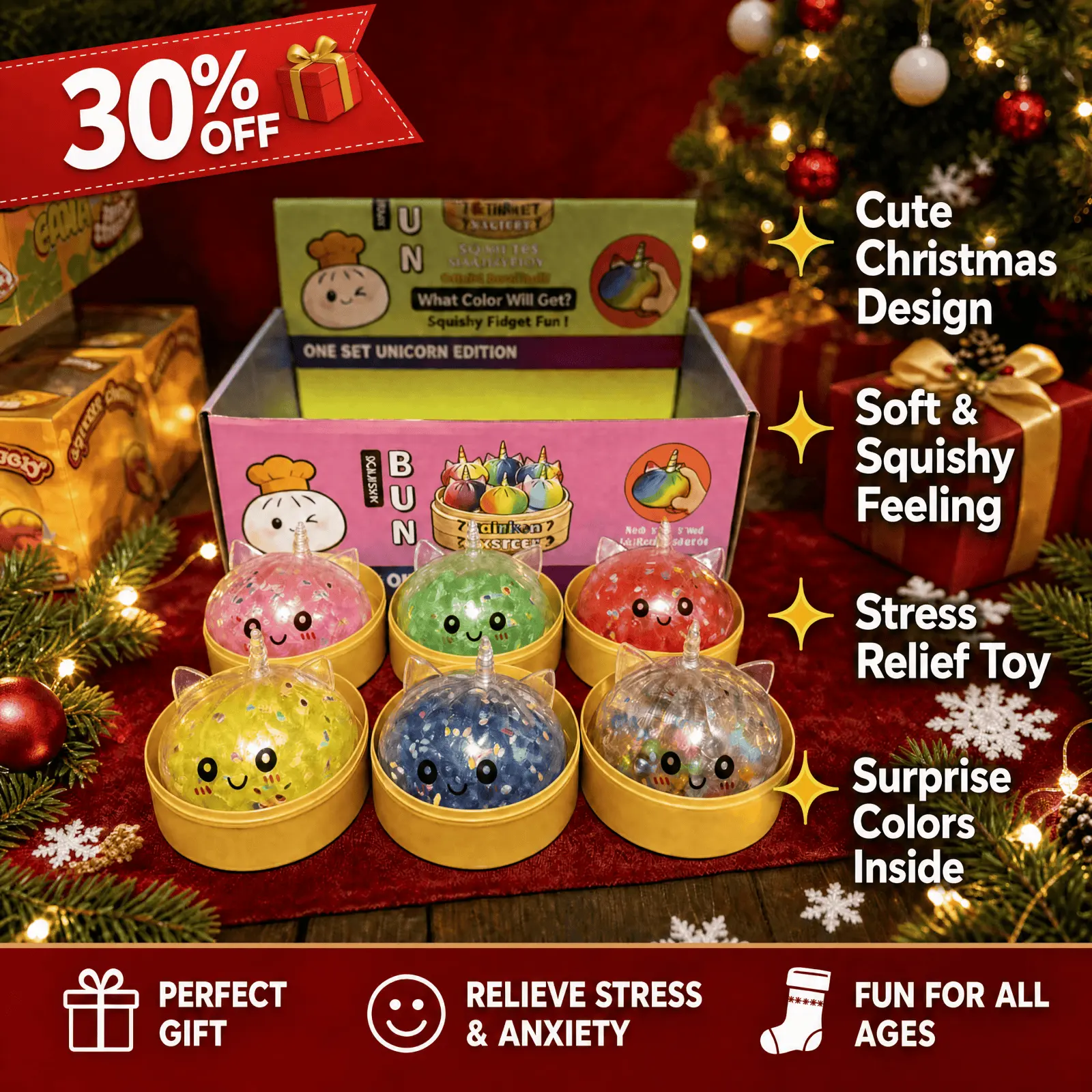 Christmas Squishy Toy Gift Box - Cute Reindeer and Unicorn Versions, Soft Bead Filled Stress Relief Sensory Toys, Holiday Gifts