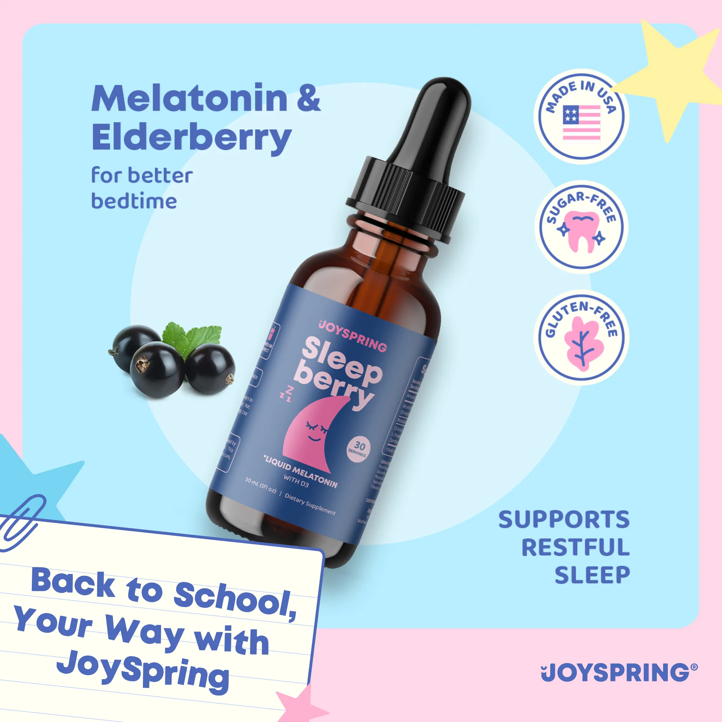 JoySpring SleepBerry Natural Sugar-Free Sleep Aid for Kids with Melatonin & L-Theanine | 30, 60, 120 Day Supply