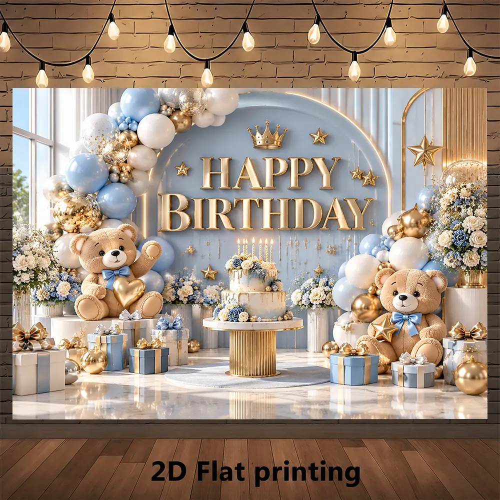 Happy Birthday Blue Gold Teddy Bear Backdrop Elegant Balloon Garland Golden Stars Luxury Celebration Photography Background for Birthday Party Photo Booth