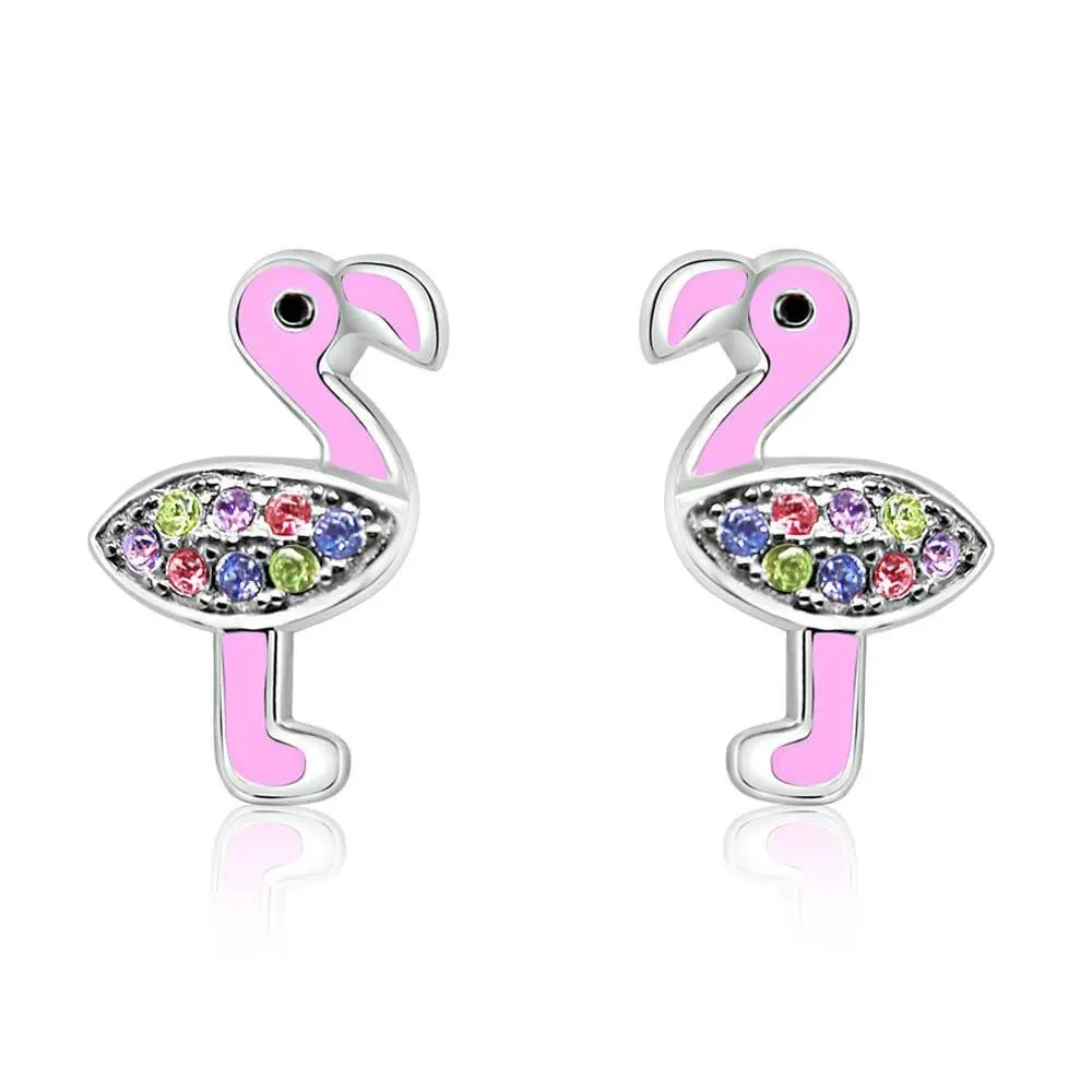 Flamingo Enamel Crystal White Gold Palladium Girl's Screwback Stud Earrings