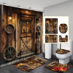2D Flat Printing 4pcs Rustic Farmhouse Shower Curtain Set QVintage Wooden Wheel, Barn Door & Lantern Design, Wood Texture Fine Print, Pastoral Style Bathroom Set with 12 Hooks, U-Shaped Rug, Toilet Lid Cover, Non-Slip Mat, All-Season Bathroom Decor