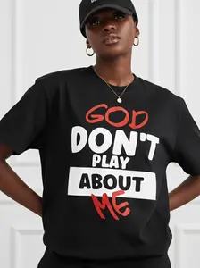 Women's Plus Size Round Neck Ribbed Seamless Cotton Short-Sleeve Casual Garment - Inspirational "God Don't Play About Me" Quote Print, Custom Fitted All-Season Clothes for Curvy Figures