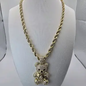 Gold-Tone Teddy Bear Pendant Necklace with Rhinestone Accents on Rope Chain for Men and Women