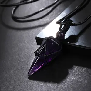Natural Amethyst Crystal Hexagonal Cone Pendant - Stylish Men's Necklace with Braided Rope - Fashion Accessory