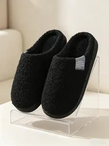 Elegant Plush Slippers, Lightweight Soft Teddy Velvet Upper, Thick Fleece Lining, Trendy Fabric Label Detail, Anti-Slip Silent Sole, Classic