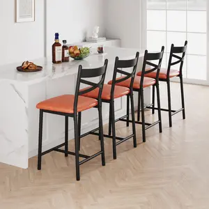 Set of 2 Gold Counter Height Bar Stools, Modern X-Design Metal Bar Chairs, Luxe Upholstered Cushion with Footrest, Comfy Farmhouse Bar Stools for Kitchen Island Dining Room Home Bar