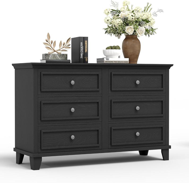 Farmhouse Black Dresser for Bedroom with 6 Drawer, Double Dresser TV Stand with Vintage Handle, Wide Wood Dressers & Chests of Drawers, 6 Drawer Dressers for Bedroom, Living Room, Hallway