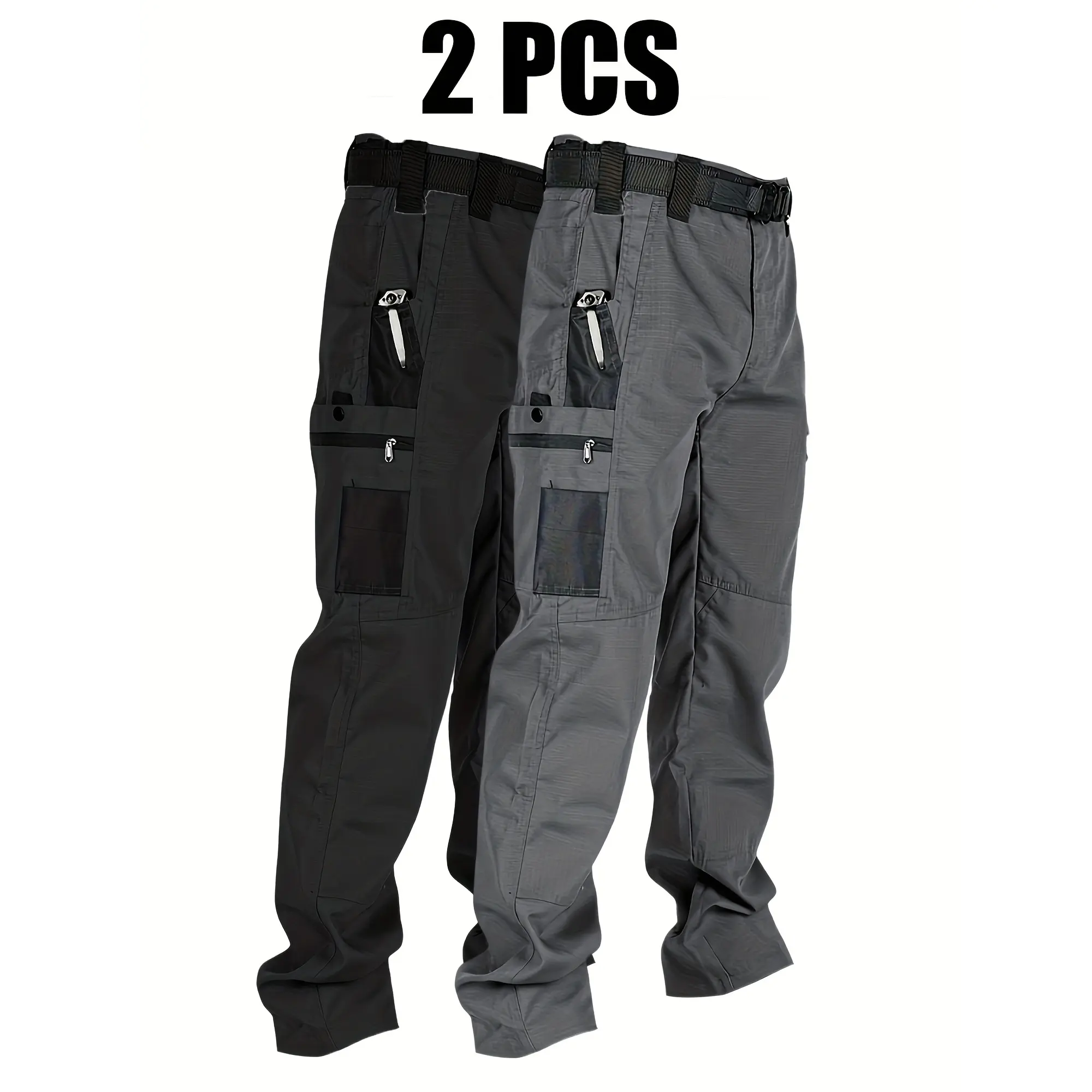 Men’s 2-Pack Casual Long Plain Elegant Cargo Pants, Lightweight Stretch Ripstop Tactical Work Trousers with Multi Pockets, Relaxed Fit Menswear for Hiking, Outdoor Use, Zipper, Sports, Polyester