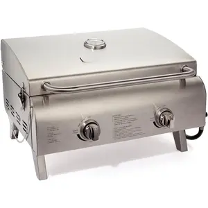 Tabletop Portable Propane Grill, 20,000 BTU Stainless Steel 2-Burner Outdoor Gas Grill for Camping, Tailgates, BBQ, Hassle-Free Setup, Twist-Start Ignition