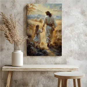Jesus Walking with Child Christian Art Poster - Christianity Decorative Wall Decor for Living Room, Soothing Spiritual Guidance, Serene Atmosphere Universal Religious Home Ornaments
