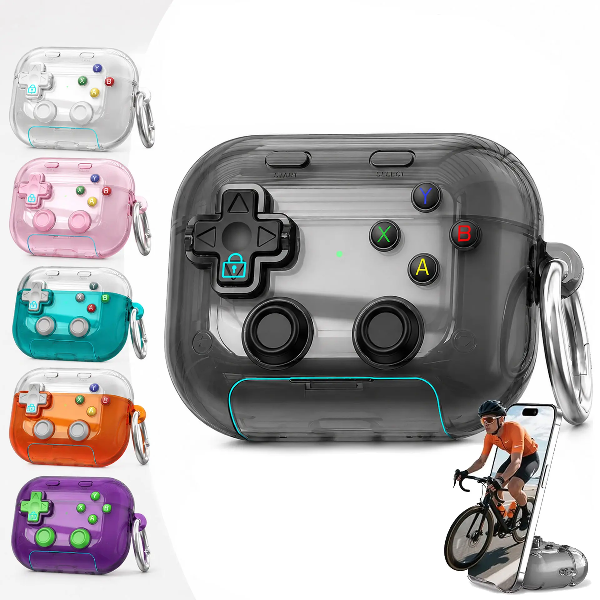 Retro Game Controller Protective Case for AirPods 4, Pro 2, Pro 3 - Clear Black Cover with Safety Lock, Pressable Buttons, Phone Stand, Wireless Charging Support, Keychain