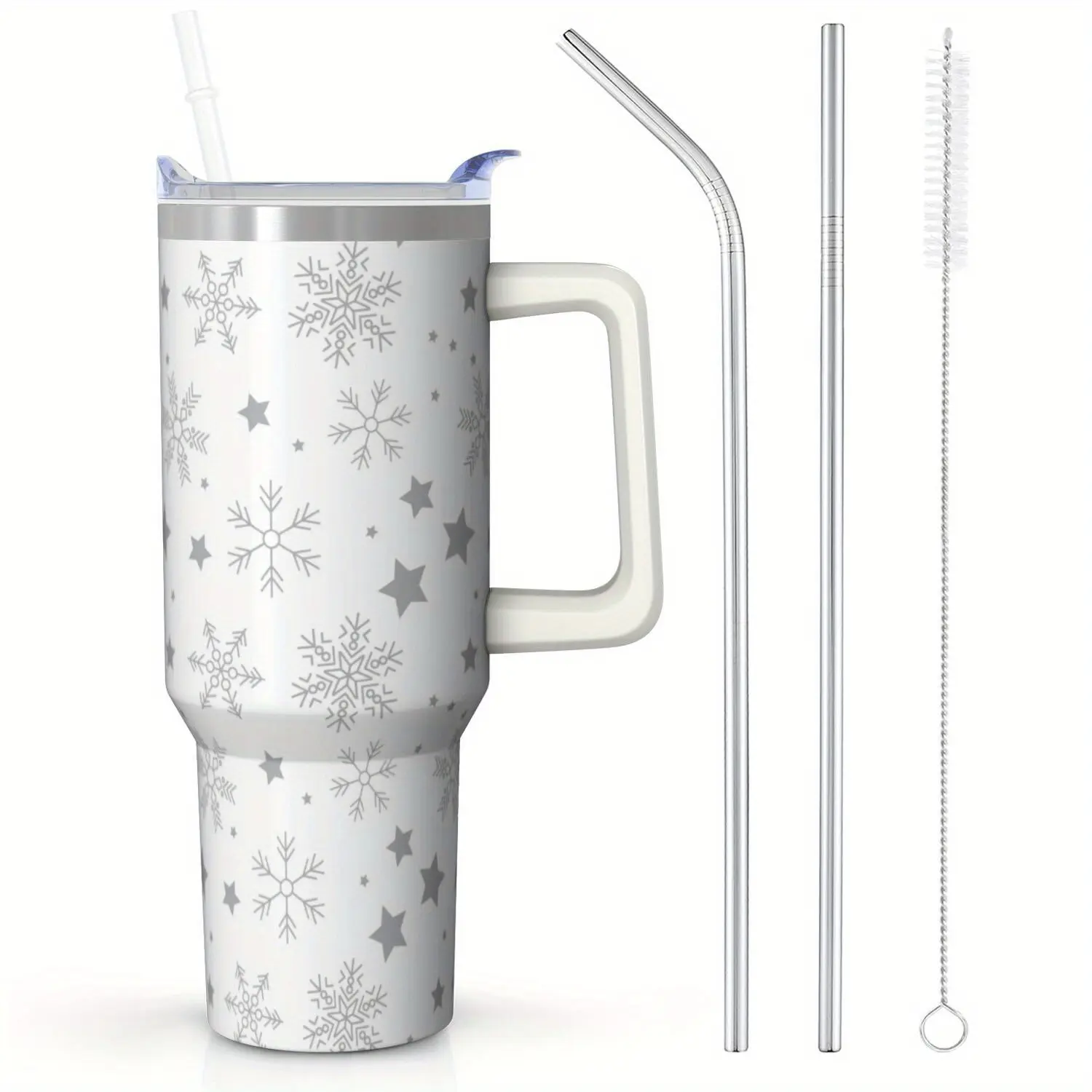 40oz Stainless Steel Vacuum Insulated Tumbler with Handle & Straw - Double-Wall Thermal Flask, Leakproof Lid, Elegant White & Black Snowflake Design - Keeps Drinks Hot/Cold for Hours, Spill-Proof Travel Mug for Coffee, Tea, Cold Beverages, Flasks