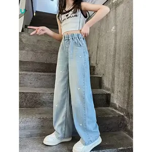 [Girls' Wide Leg Jeans] Wide Leg Girls' Jeans |         2026 Spring & Autumn, Casual Loose Fit, Heart Embroidery, Long Length, Polyester Spandex Blend, Machine Washable, for Youngsters 12 & Under