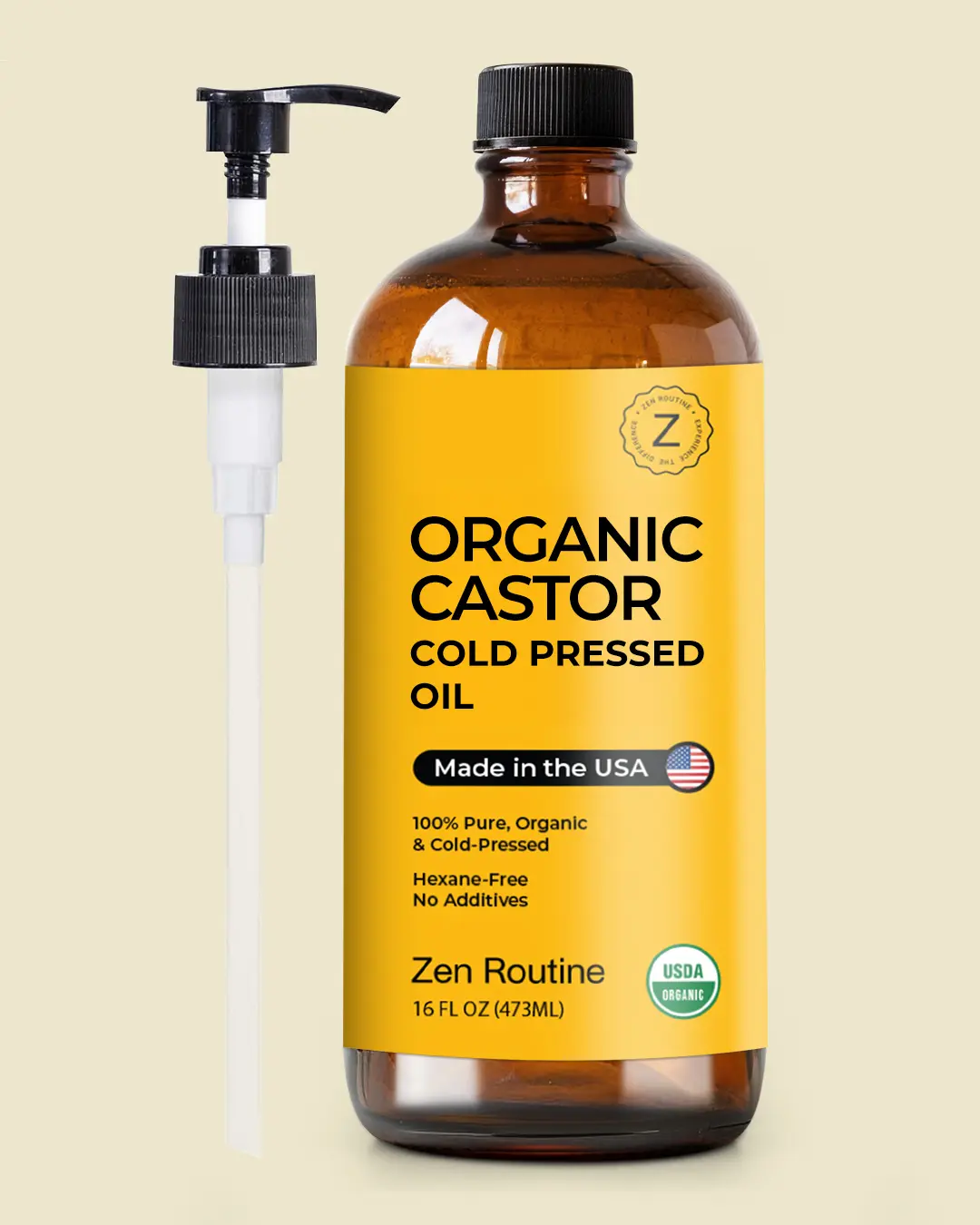 Zen Routine Organic Castor Oil Glass Bottle with Pump - 16oz Body & Massage Oil, Nourishing Beauty Product, Wellness Body Moisturizer, Selfcare Treatment