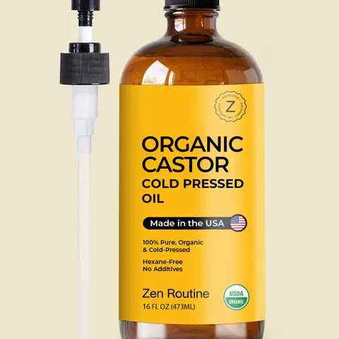 Zen Routine Organic Castor Oil Glass Bottle with Pump - 16oz Body & Massage Oil, Nourishing Beauty Product, Wellness Body Moisturizer, Selfcare Treatment